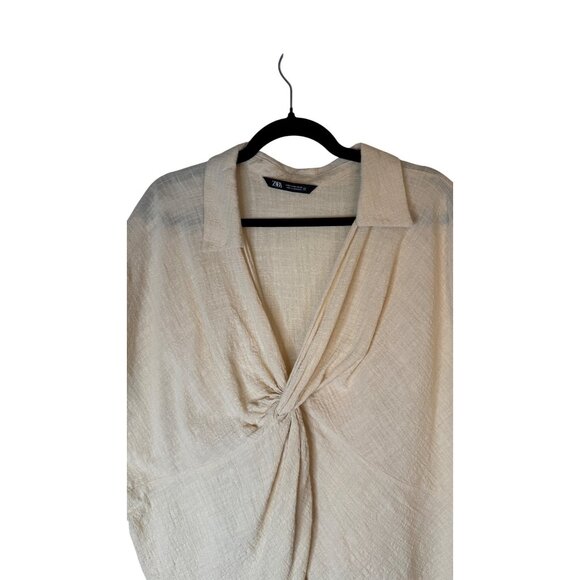 2/$30 ZARA Medium Beige Textured Knot Front Blouse Dolman Sleeves - Picture 6 of 14